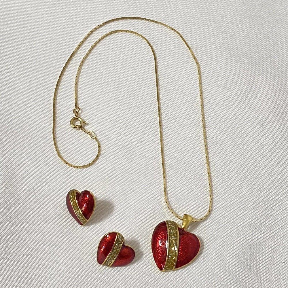 Vintage Heart Pendant Necklace & Earrings Red Enamel Signed ROYAL 15" Chain